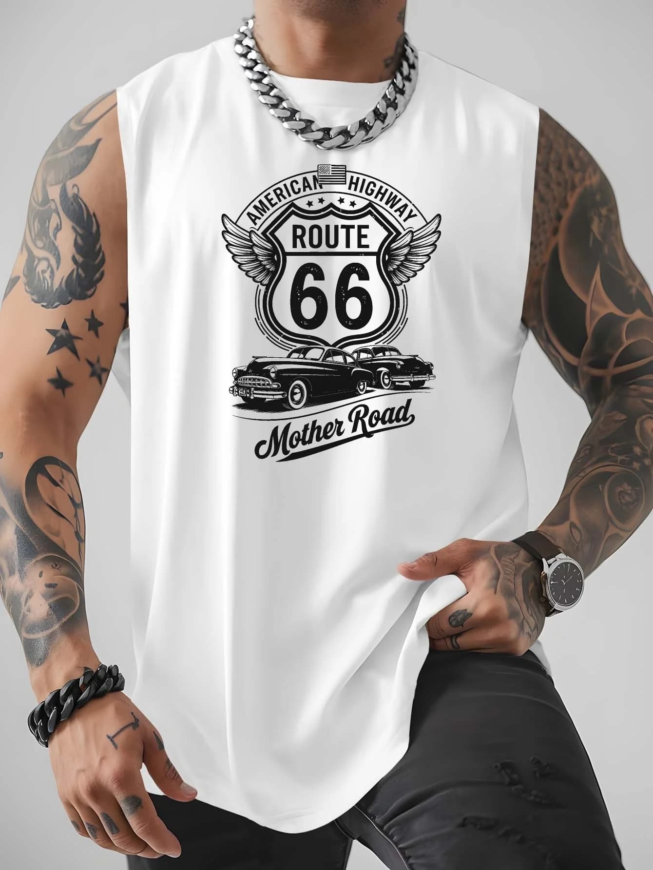 Road Mother 66 N. 1 men's sports t-shirt with V-neck, wide fit, large size, breathable summer t-shirt with quick drying without sleeves