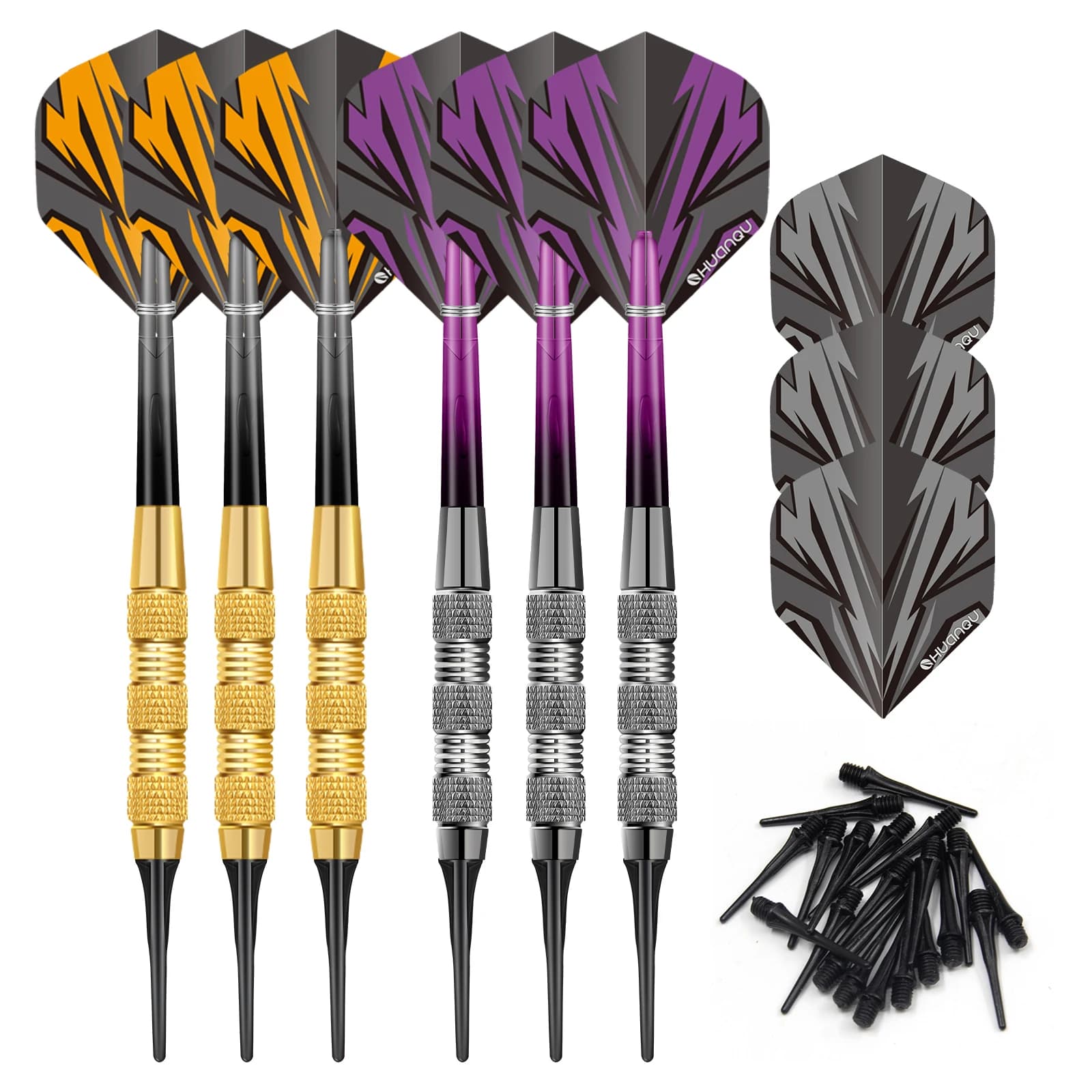 HUANQU 6Pcs Soft Tip Darts Set Professional Iron Barrels with Replacement Plastic Tips & Flights for Indoor Outdoor Play