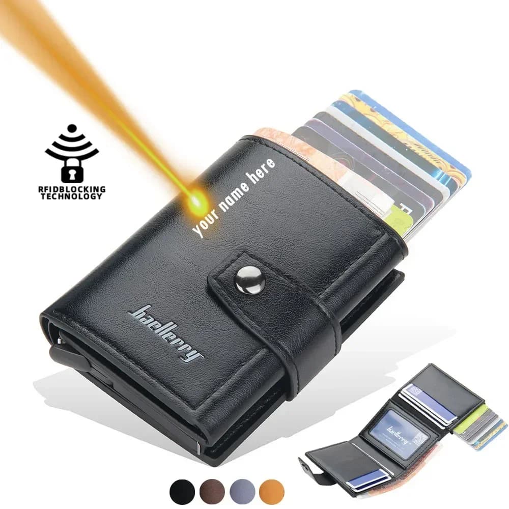 Porta carte in alluminio da uomo personalizzato - Nome inciso Portafoglio con blocco RFID Porta carte in pelle PU Sottile organizer per carte antifurto
