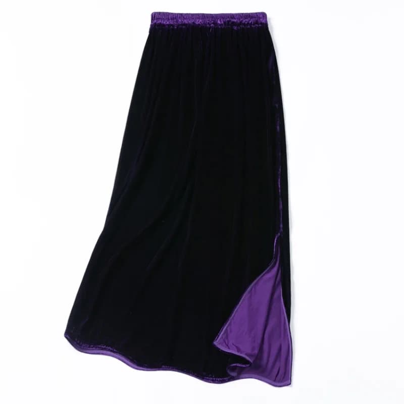 Fodera in seta di gelso al 100% Gonna longuette in velluto di seta da donna A-Line Viola Elastico in vita Chic Gonne Office Lady QQ009