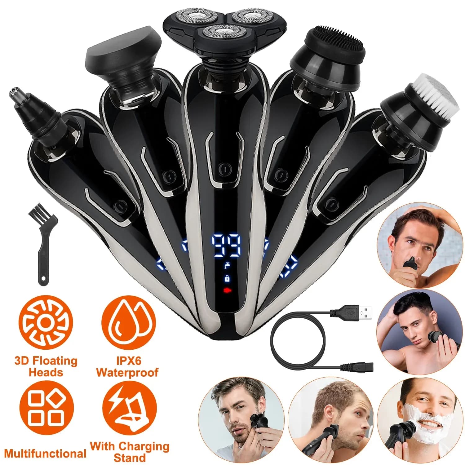 5 in 1 wireless rechargeable electric shaver head trimmer kit IPX6 set for dry and wet water