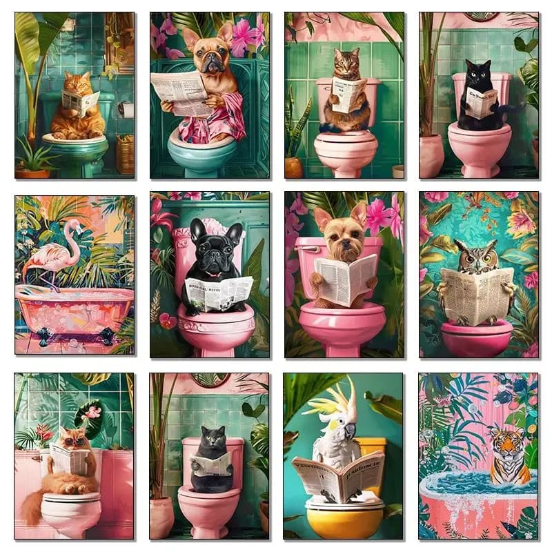 Funny Toilet Animals Black Cat Dog Flamingo Bear Tiger Reading Newspaper Poster Diamond Painting Wall Art Pictures Bathroom De