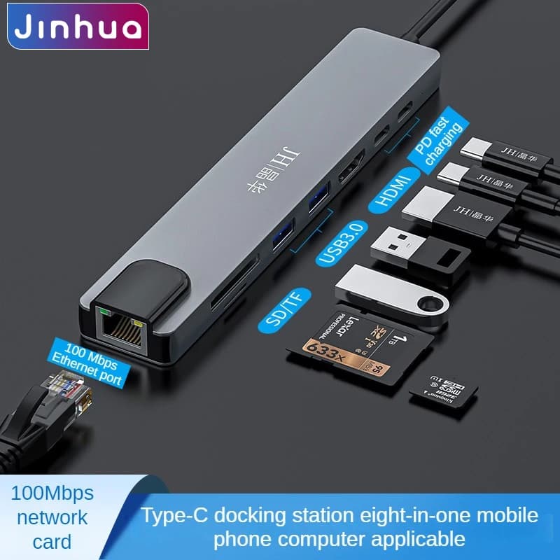 Docking station Jinhua 8-in-1 Type-C con HDMI 4K, USB 3.0, Ethernet 100Mbps, SD/TF, ricarica PD per laptop