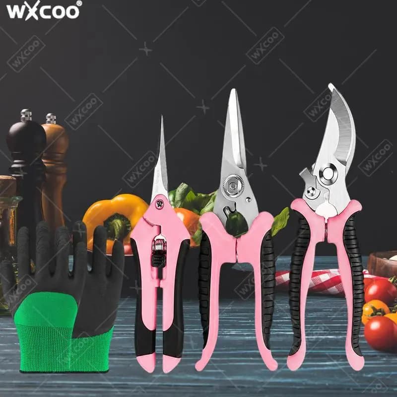 3PCS Pink Stainless Steel Gardening Scissor Precision Bypass Flowers Pruning Shears Set Gardening Scissor with Soft Grip Handle