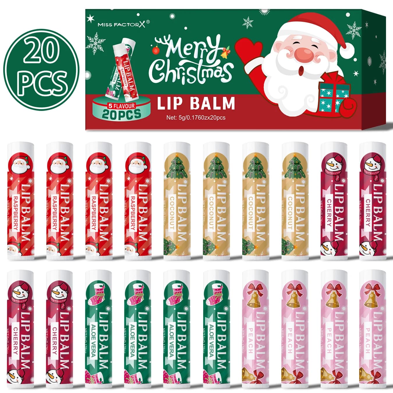 20 pieces/box Set of Christmas lipsticks Christmas socks Filler Christmas Gift Long-Term Moisturizing Polisher Not Fat -5 tastes