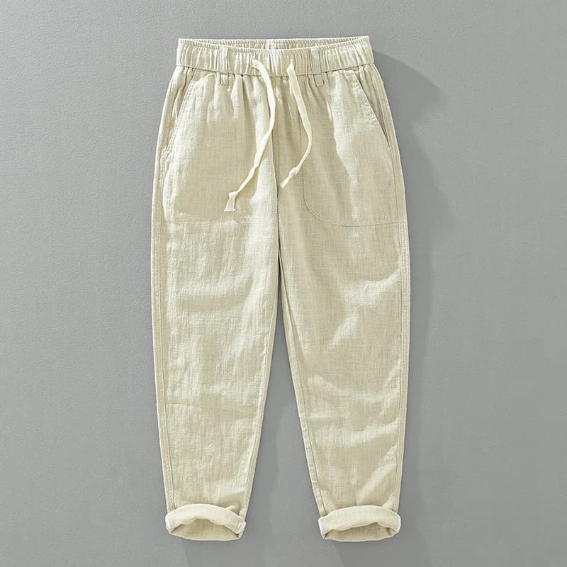 Men's Casual Trousers in Cotton and Linen, Breathable Activities, Straight Leg Larga, Elastic Life with Belt, Japanese Fashion Style