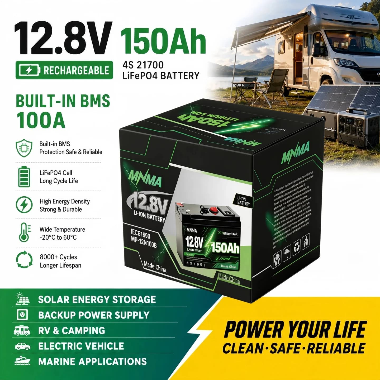 12.8V 150Ah 1920WH lithium iron phosphate battery built-in 100A BMS for solar/off grid appliances/ships 6000+cycles
