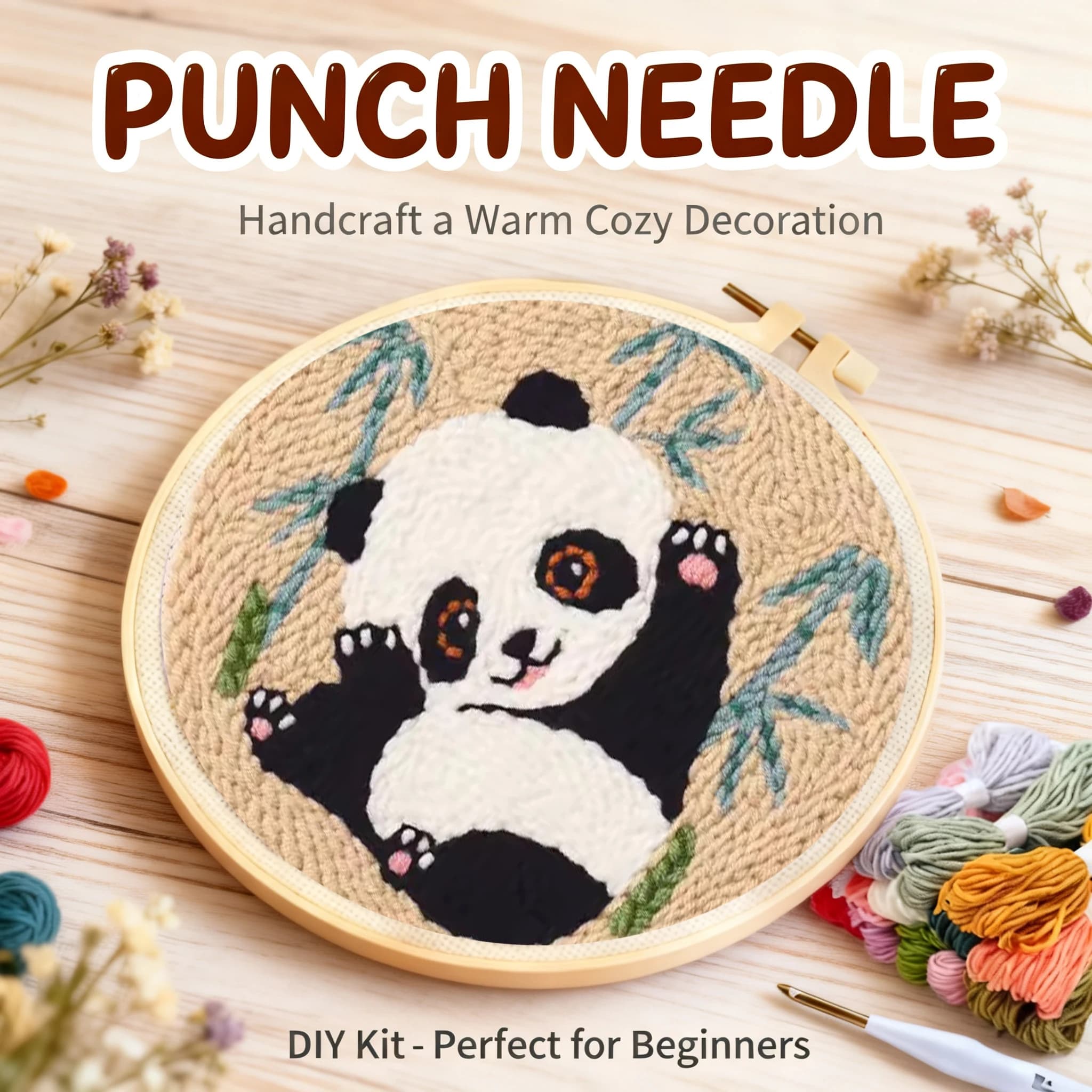 CHENISTORY Patchwork Embroidery Set Panda Animal Plush Embroidery Magic Punching Needle Set Hand Woven Material Wrapped Fabric C