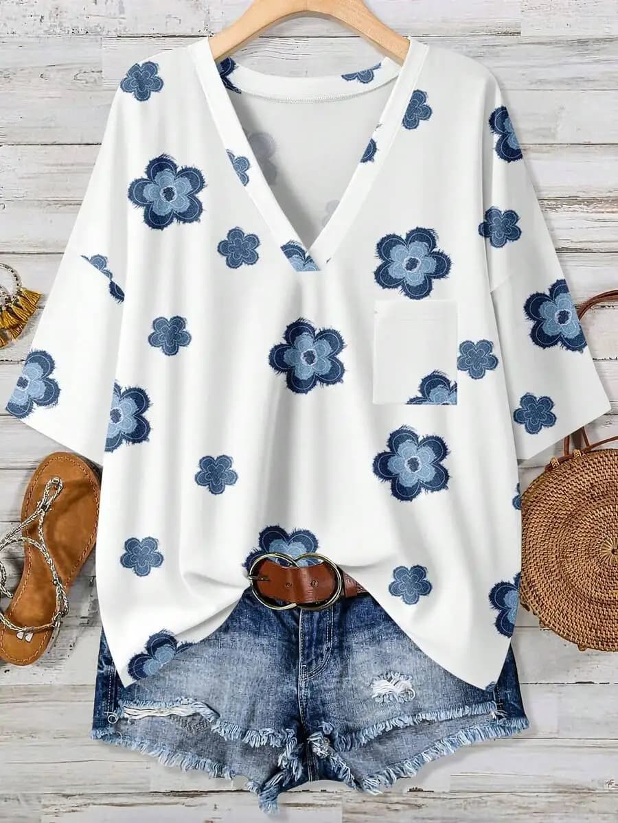 Floral Print Plus Size V-Neck Long Sleeve T-Shirt Casual Women Top For Spring Summer Festival