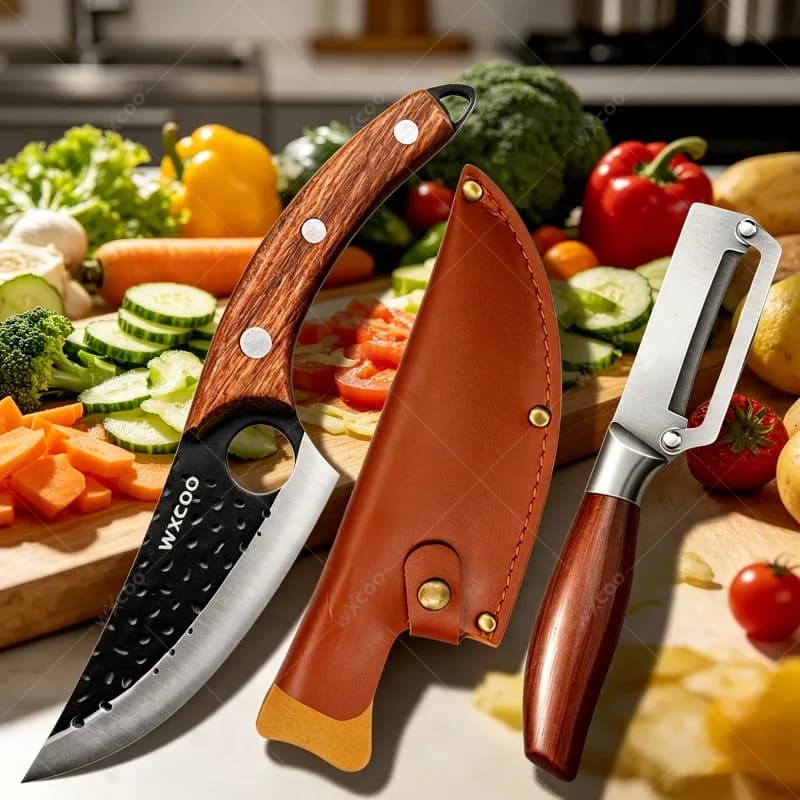 Coltello da Macellaio WXCOO con Manico in Legno, Coltello da Chef in Acciaio Inossidabile, Pelapatate, Tagliacarne, Pelapatate per Frutta, Utensile da Cucina