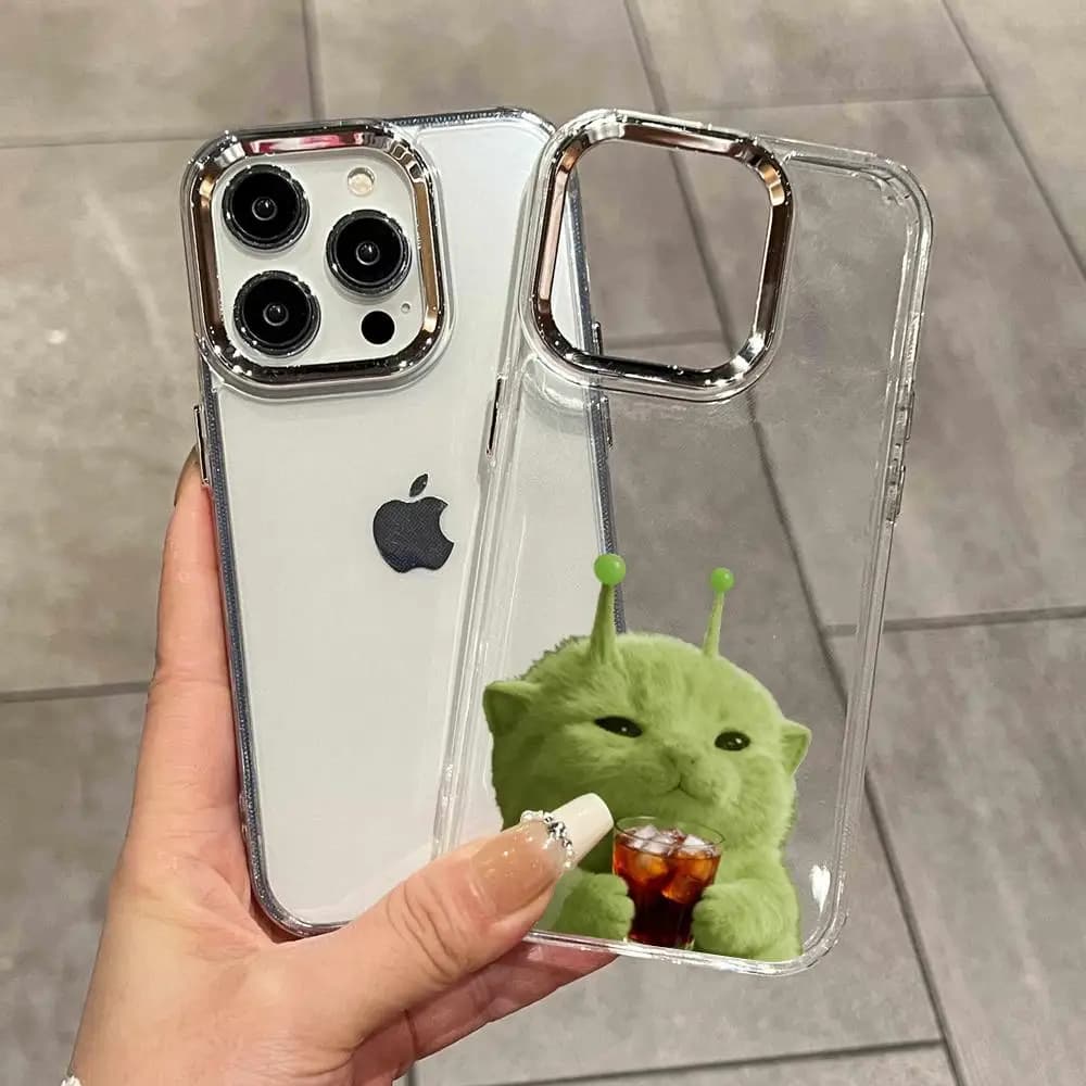 Alien Cat Green Cat Phone Case Phone Case For iPhone 17 Air 16 15 14 Plus 13 12 11 Pro Max 16e Shockproof HD Clear Back Cover