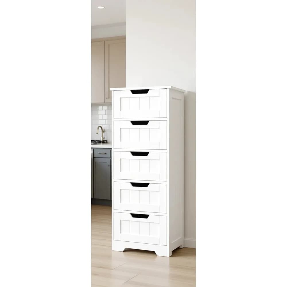 Mobiletto Alto in Legno Bianco per Bagno con Cinque Cassetti e Maniglie Integrate per Bagno, Corridoio, Soggiorno