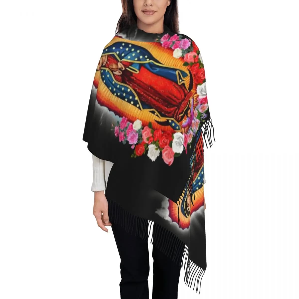 Sciarpa stampata personalizzata della Vergine Maria di Guadalupe Uomo Donna Inverno Autunno Sciarpe calde Scialle cattolico del Messico