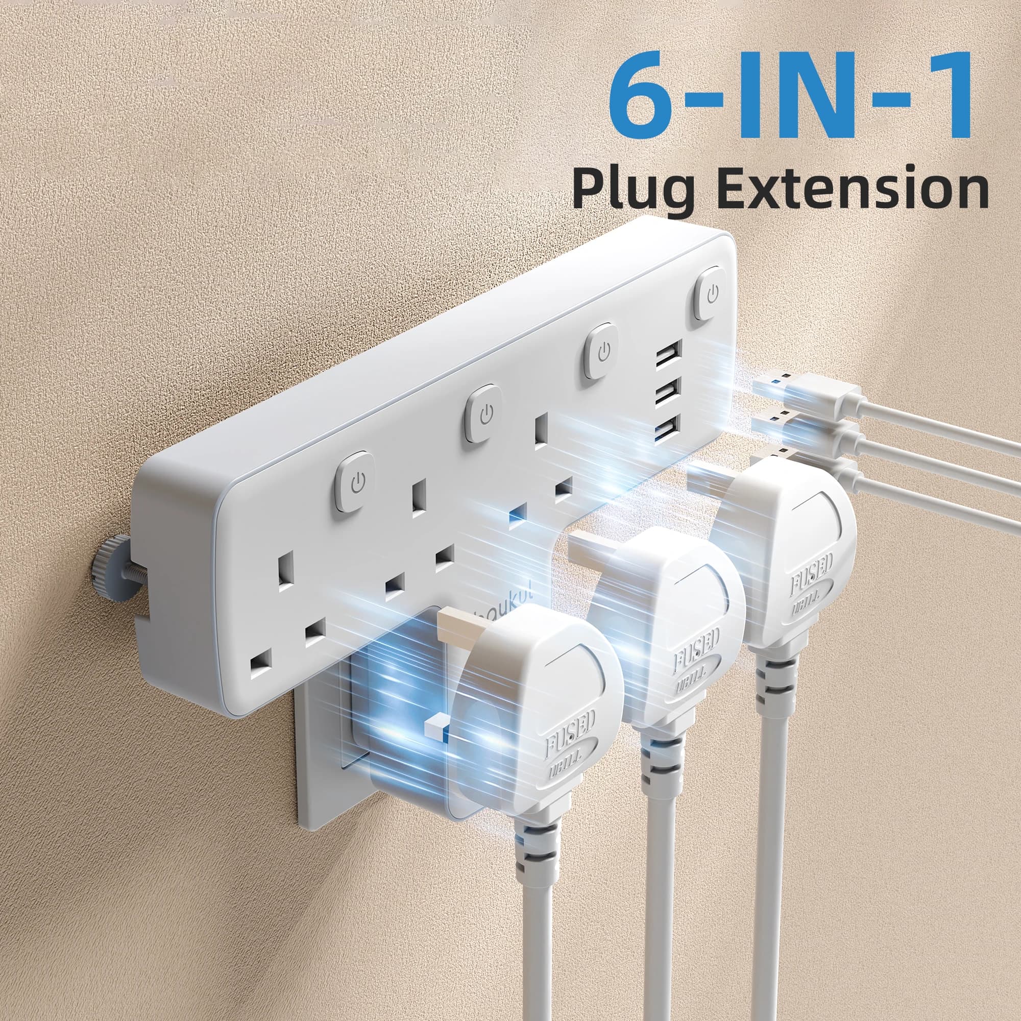 Multi Plug Extension Socket Wall Swivel, 3 AC Outlet 3 USB Ports 3250W 180° Rotating Plug Adapter, Fireproof Overload Protect