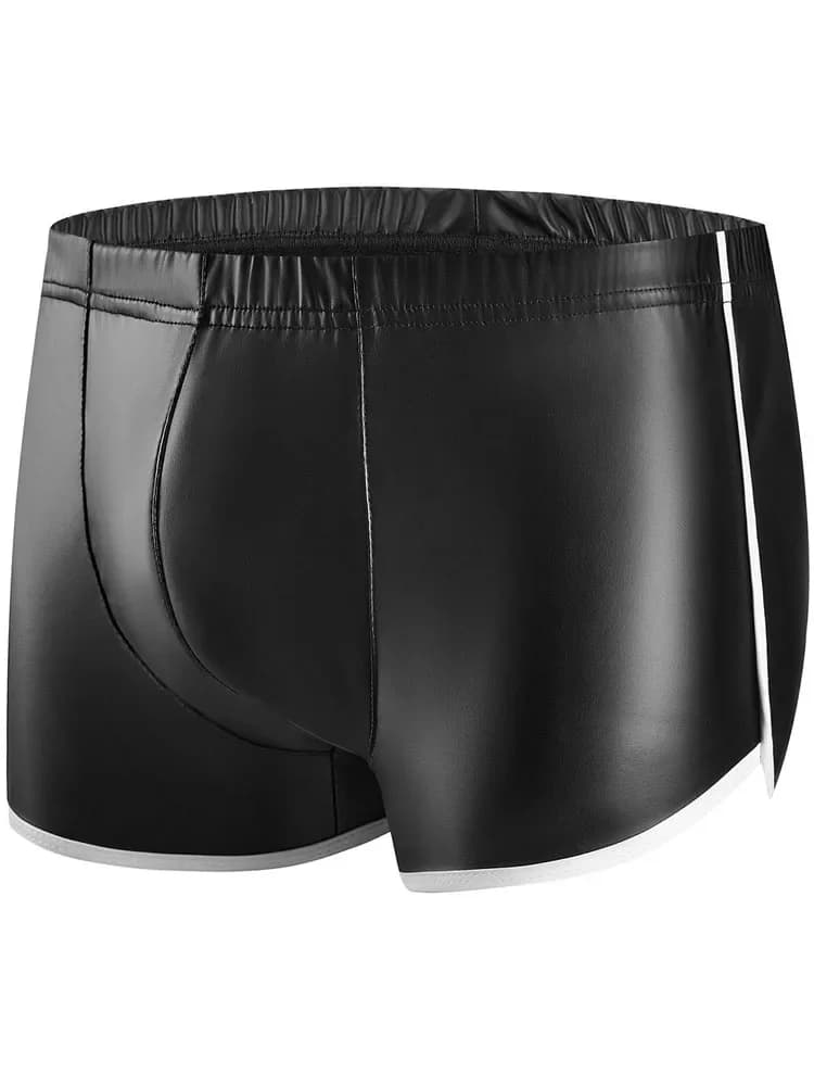 Plus Size Men White Border Faux PU Leather Boxer Shorts U Convex Pouch Mens Undrewear Boxershorts Briefs PU Shorts