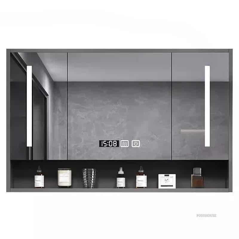 Armadietti a Specchio Postmoderni per Bagno, Montaggio a Parete con Retroilluminazione, Antiappannamento, Mobile Specchio con Ripiani per Stoccaggio