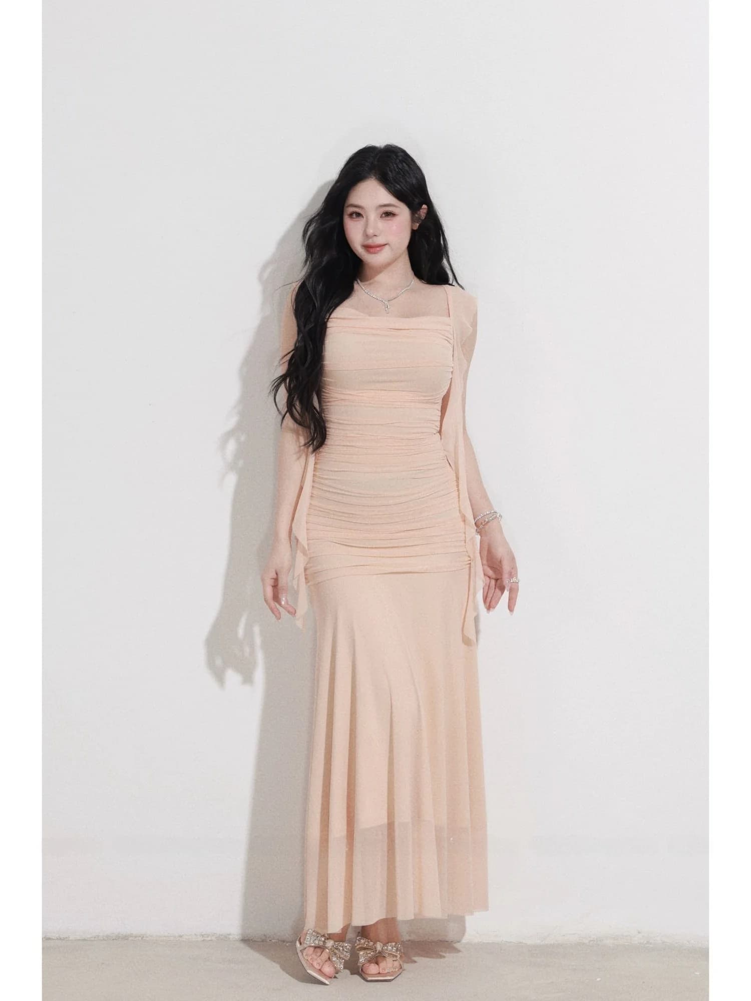 Abito Bodycon Elegante Stile Vacanza Estiva con Colletto Quadrato e Inserti in Rete, in Tessuto di Nylon, Senza Marchio Registrato