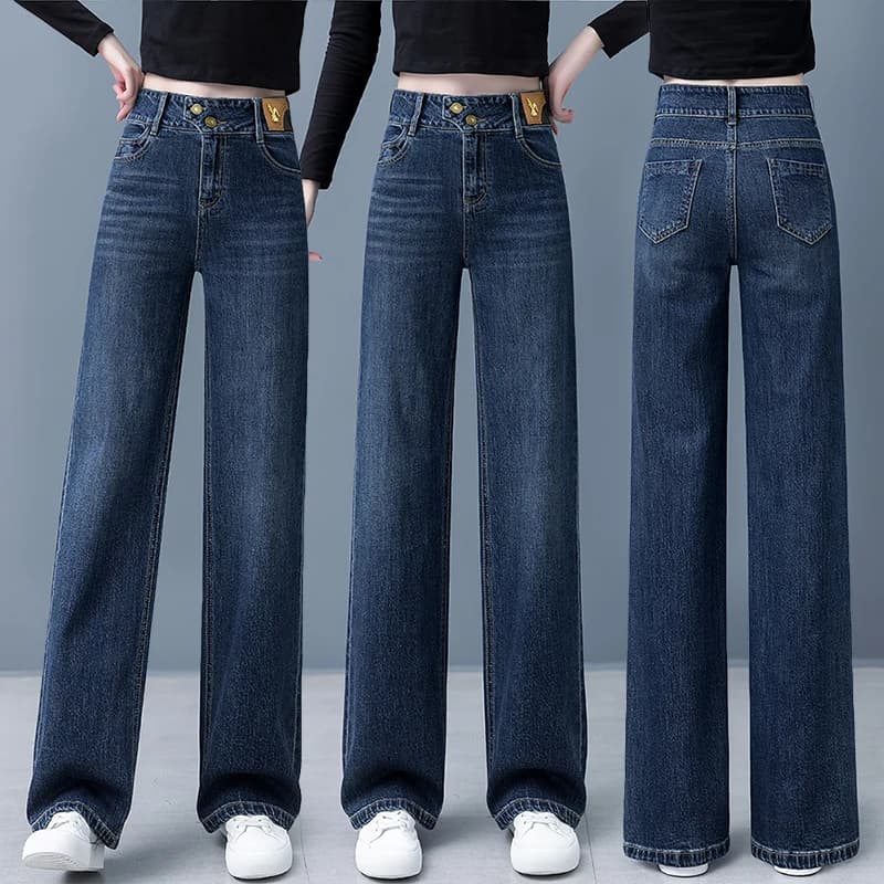Jeans da Donna Slim a Gamba Larga in Denim, Pantaloni Casual Larghi Primavera Autunno, Pantaloni Invernali Felpati Spessi a Vita Alta a Gamba Dritta