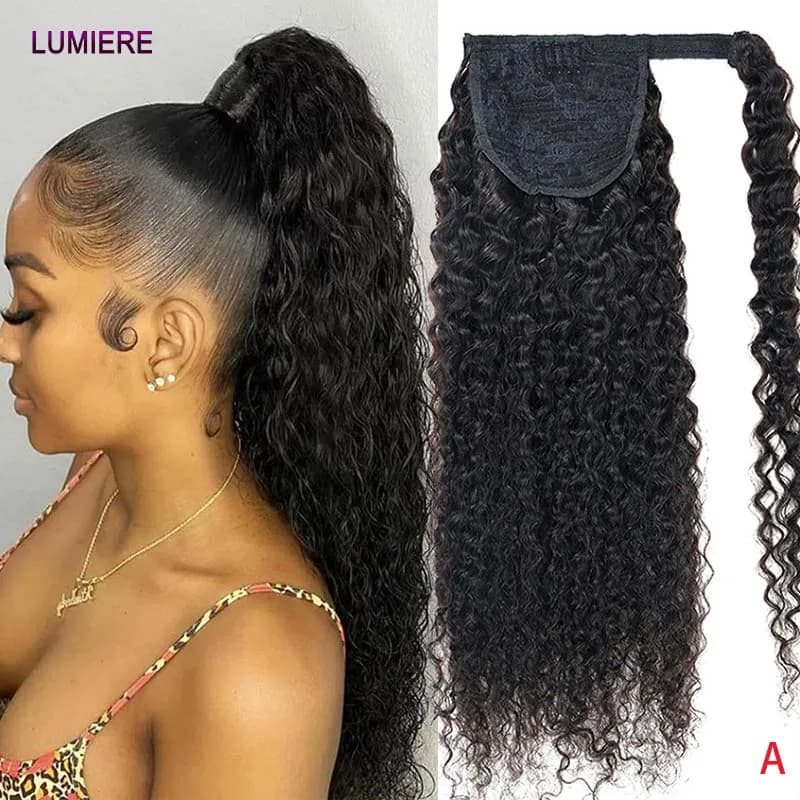 Afro deep water cream wave riccia horse tail extension of raw human hair virgin wrap clip in horsetail natural color for women