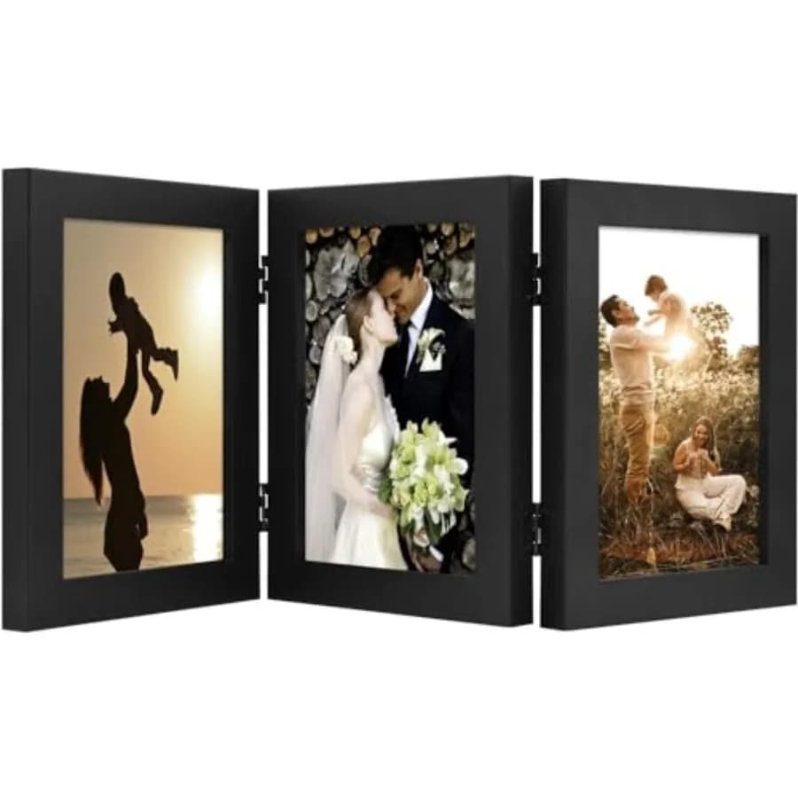 5x7 Triple Picture Frame Vertical, Engineered Wood Trifold Photo Frame, with Real Glass for Desktop - Three Folding Picture Col