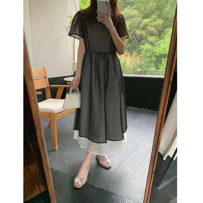 Elegant round Neck Bubble Sleeve Double Layer Color Block Organza Dress Gentle Style Short Sleeve Casual Evenly Built Body