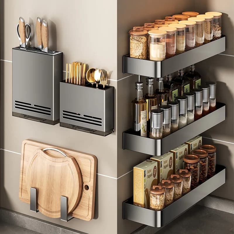 Wall Hanging Seasoning Shelf, No Drilling Design, Multifunctional Rack for Condiments and Kitchen Knives