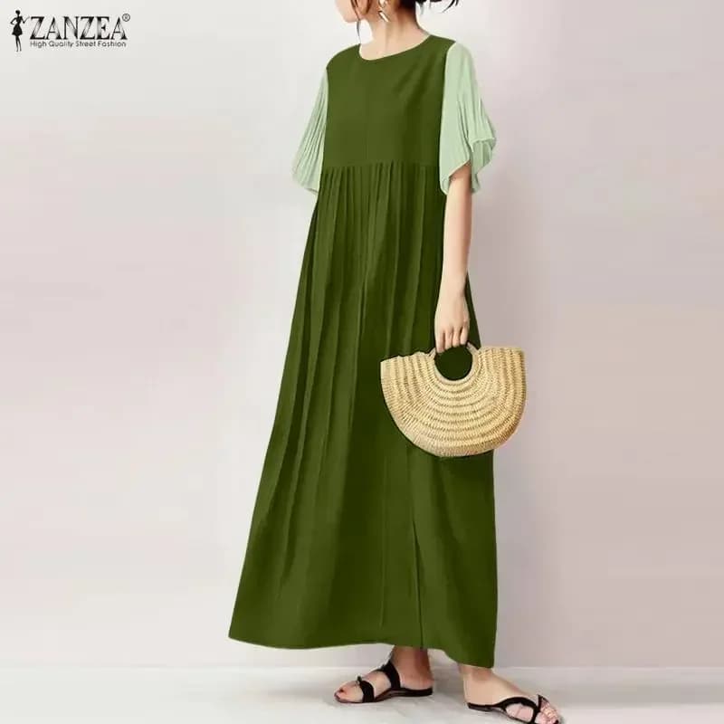 2026 ZANZEA Estate Maxi Abito Lungo Abiti da Donna Tendenza Casual Patchwork Vacanza Lavoro Abito O Collo Manica Corta Pieghettato Vestito Estivo