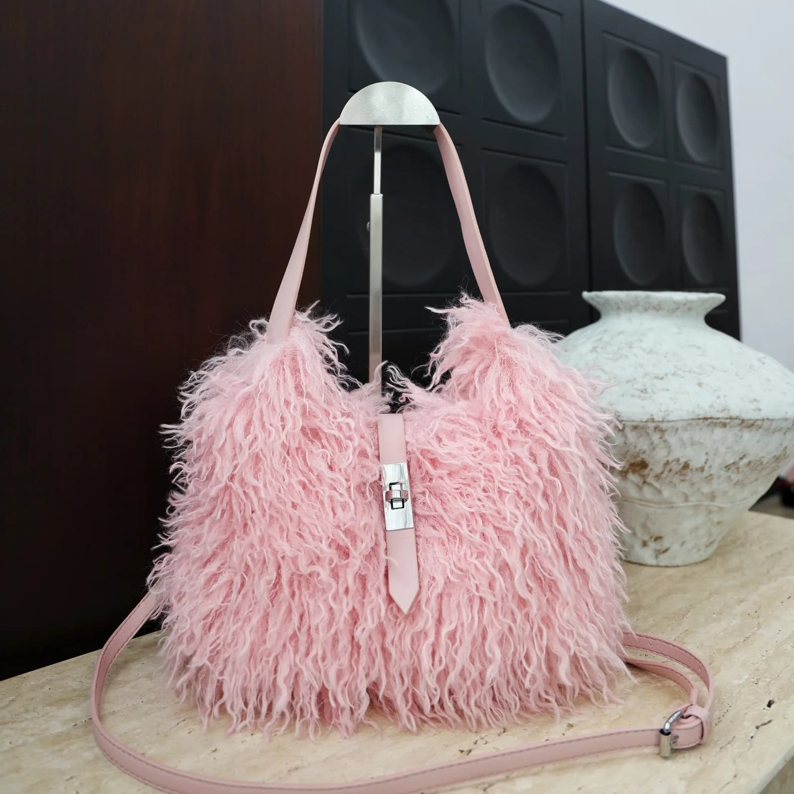 Borsa da donna in pelliccia lunga di lana da spiaggia Borsa a tracolla in pelliccia di lana sintetica Borsa da donna in pelliccia sintetica Borse di lusso in pelliccia di pecora mongola