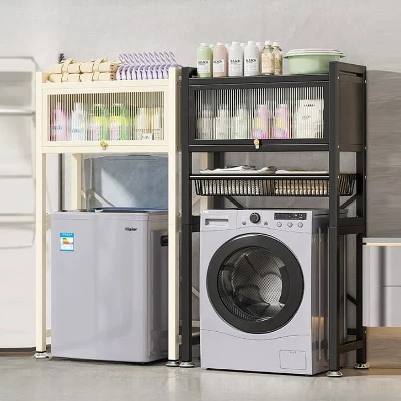 Flip Top Laundry Storage Cabinet Top Load Washer Organizer Space Saving Toilet Stand Dustproof Washing Machine Shelf for Balcony