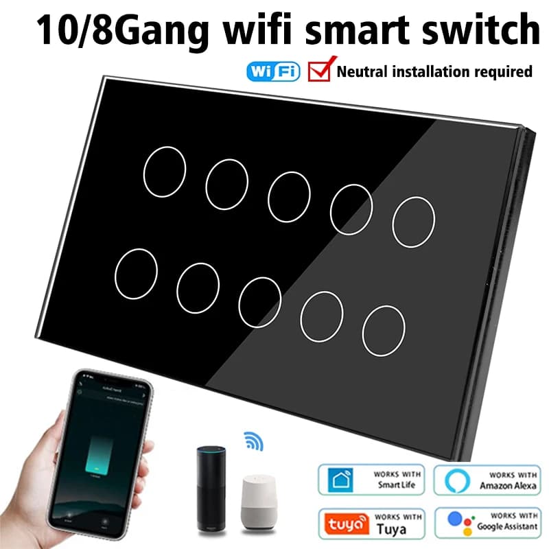 WIFI Smart Touch Light Interruttore a parete Interruttore Pannello in vetro 8/10 Gang 147*86mm Lavoro Tuya APP Controllo intelligente per tutta la casa