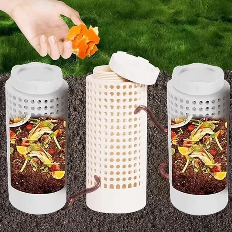 Compostiera in plastica bianca Withbetter da 1 pezzo con fori e coperchio, adatta per giardino, cortile, compostiera da esterno HG