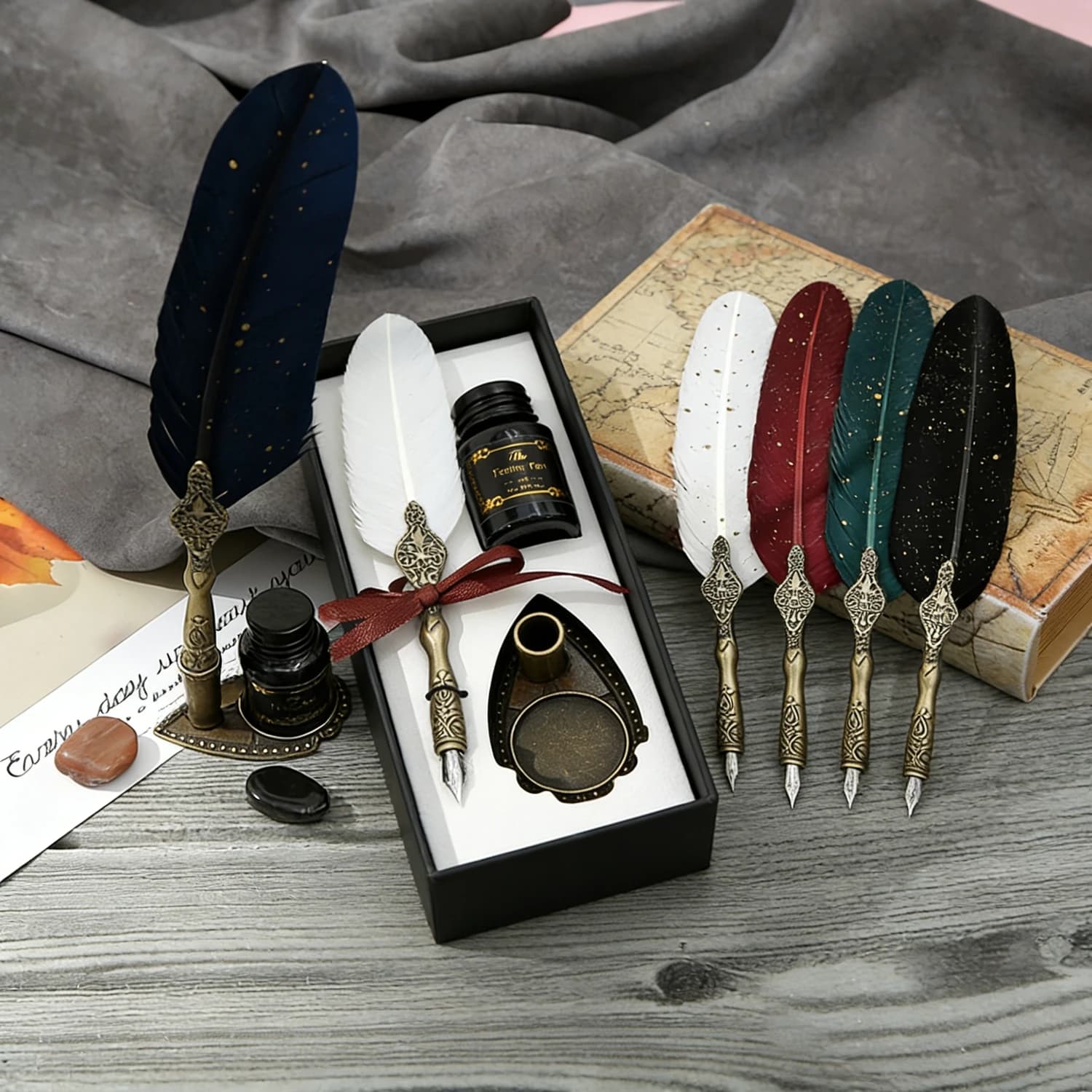 Retro Calligraphy Feather Dip Pen w/ 2Nib Set Quill Fountain Writing Creative Vintage Stationery Classic Texture Gift Box No Ink