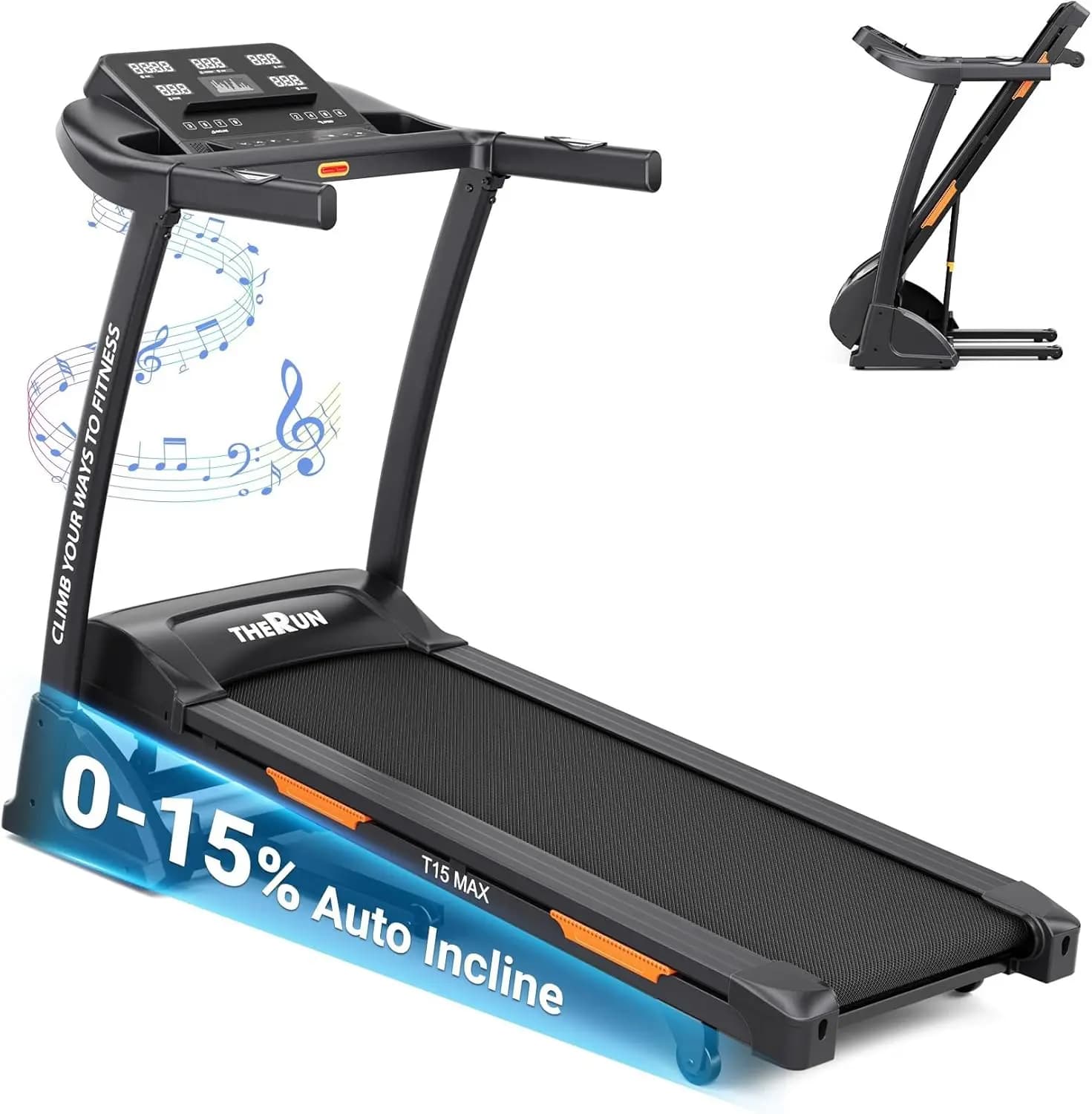Treadmill for Walking and Running, Folding Treadmill with 0-15% Auto Incline, 300 lbs Capacity, Wide Belt, 3.5 HP Motor, App Connectivity, Heart Rate Monitor