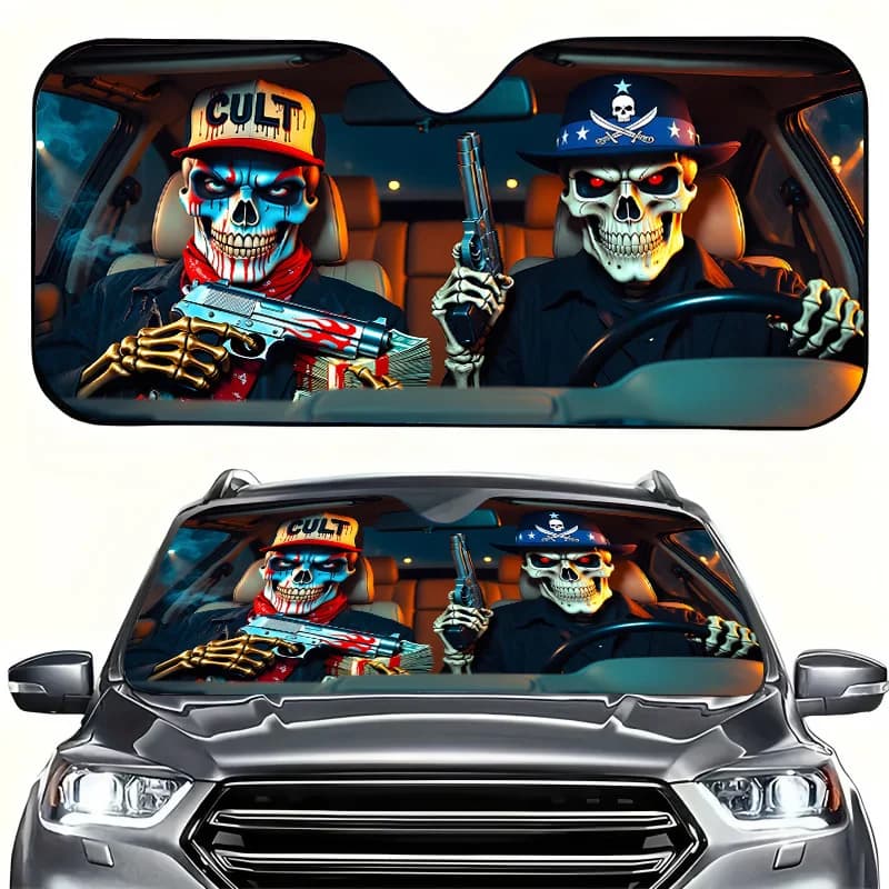 1Pcs Skeleton Gang Print Car Windshield Sunshade, Keeps Your Vehicle Cool, Easy To Install