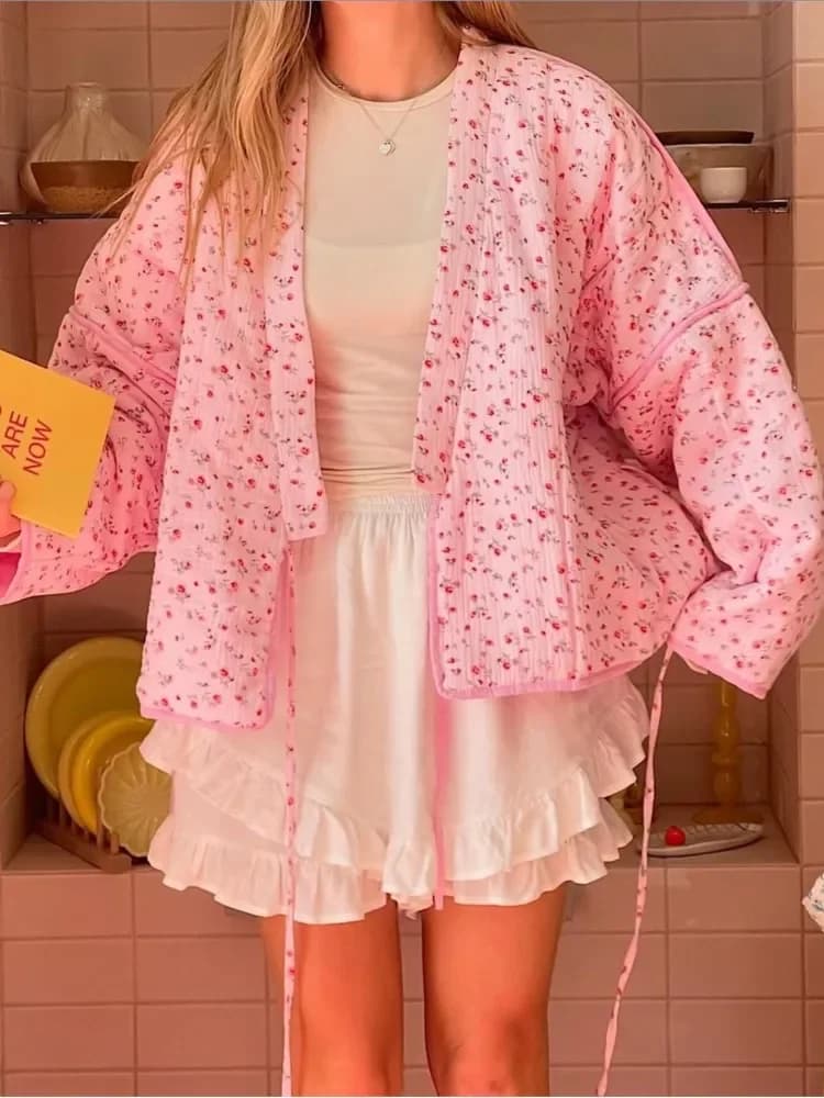 Cardigan da donna stampato floreale Cappotto da donna rosa con lacci carino Cappotti caldi autunnali allentati casual Capispalla da donna nuovi alla moda
