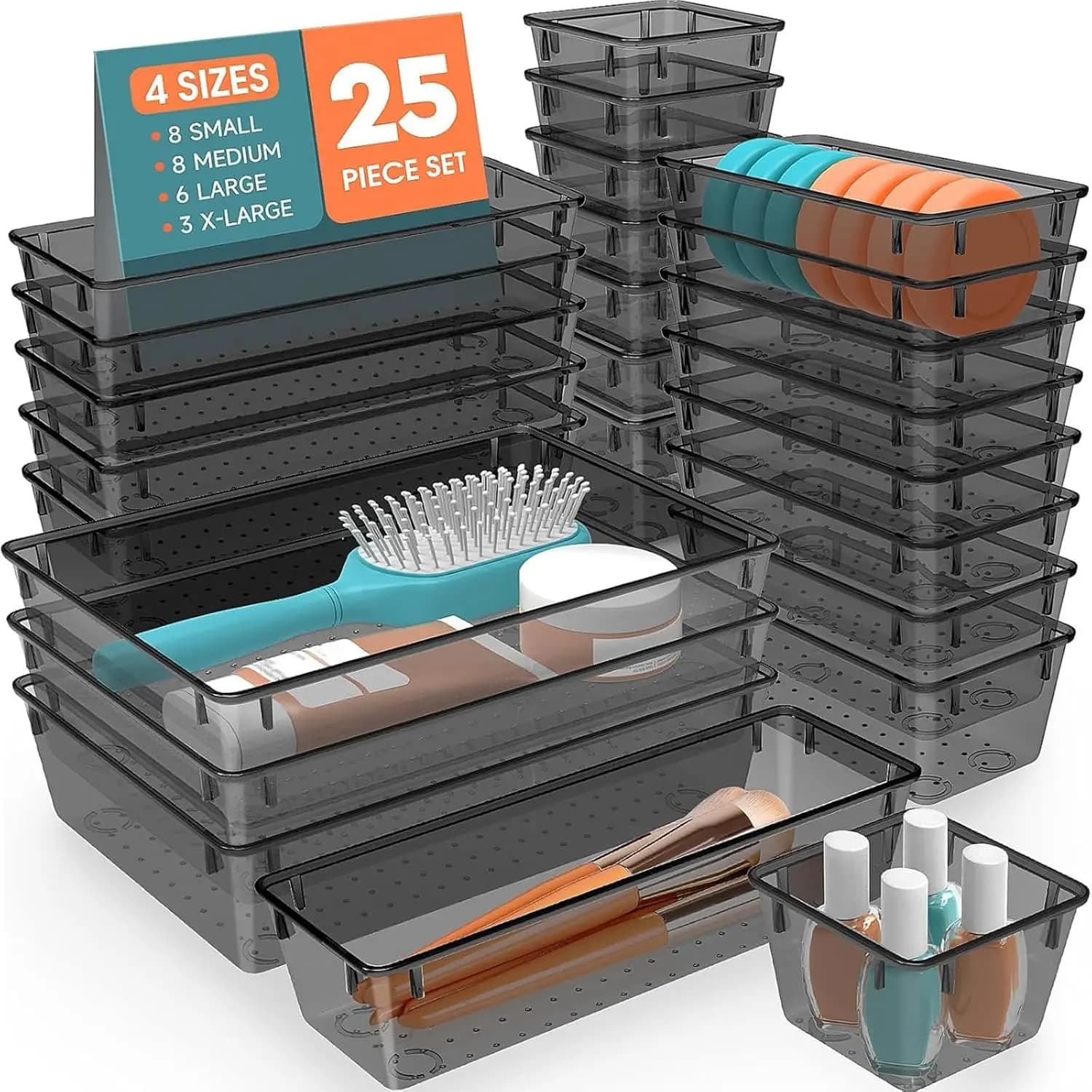 Set di 25 Organizzatori in Plastica per Cassetti, 4 Misure Versatili per Trucchi, Gioielli, Gadget in Bagno, Camera da Letto, Ufficio