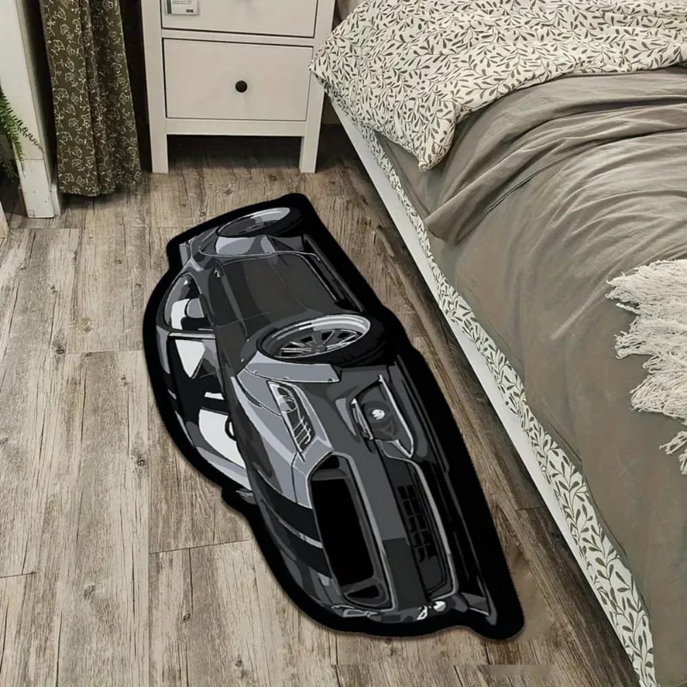 VIKAMA Elegante tappeto nero con stampa di auto sportive, decorazione per la casa, antiscivolo e antimacchia, per camera da letto e soggiorno, tappetino morbido e assorbente