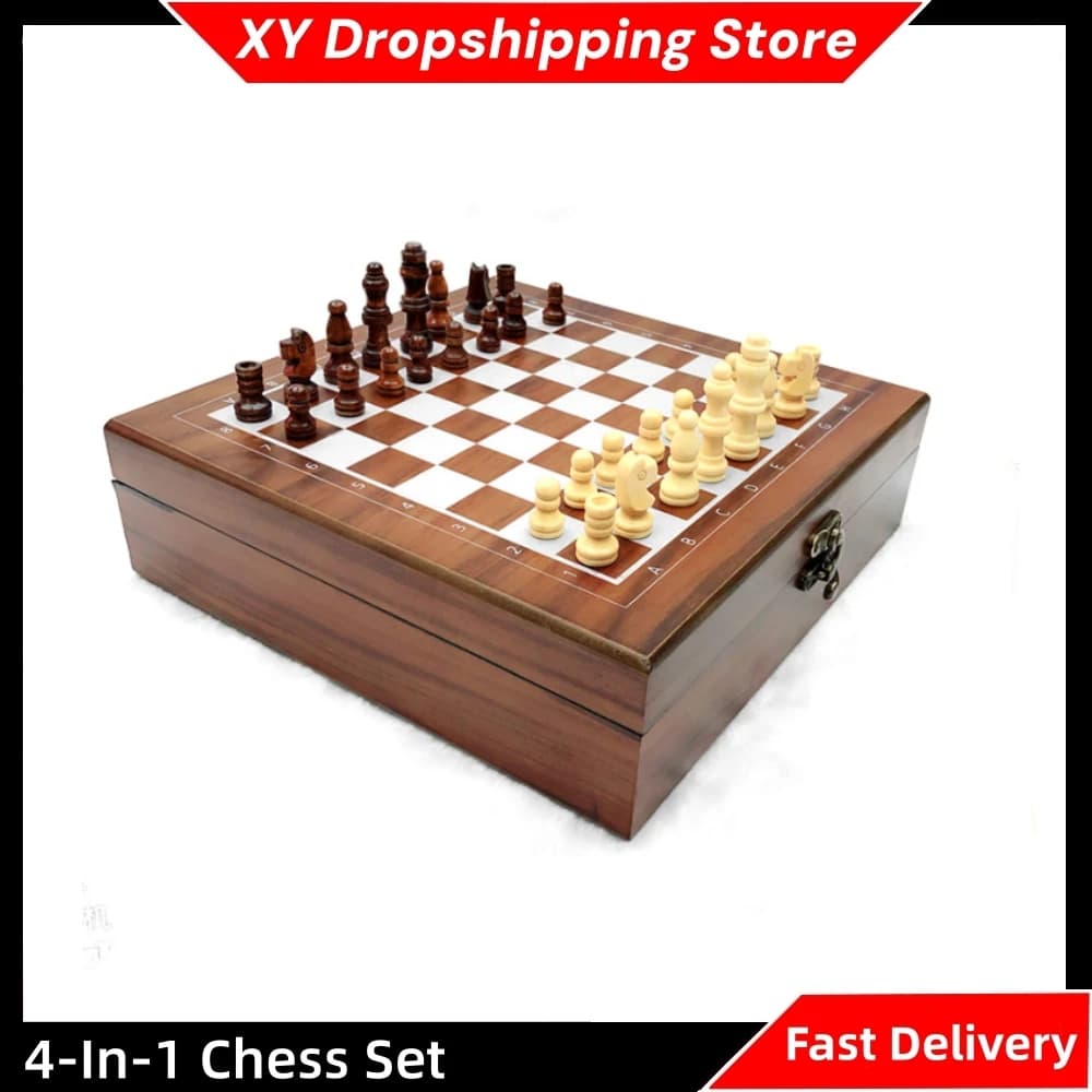 Portable Board Game 4-In-1 Chess Set Building Blocks Game Chess Board Playing Cards Dices Travel Party Chess Sets Game