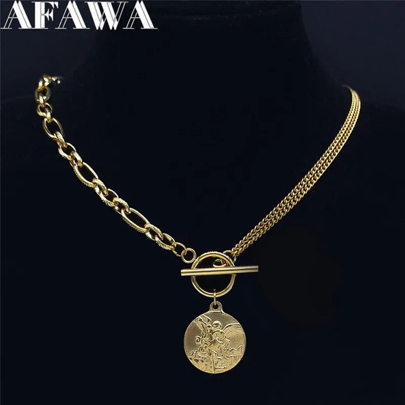SAINT MICHAEL PROTECT US Archangel chain necklace for women color gold protection stainless steel jewelry collier NK62S02