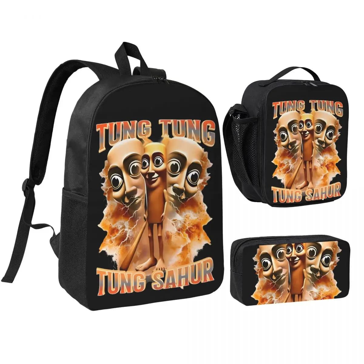Tung Sahur 3pecs/set Backpack for Student Italian Brainrot Meme Daypack Lunch bag Pencil Case