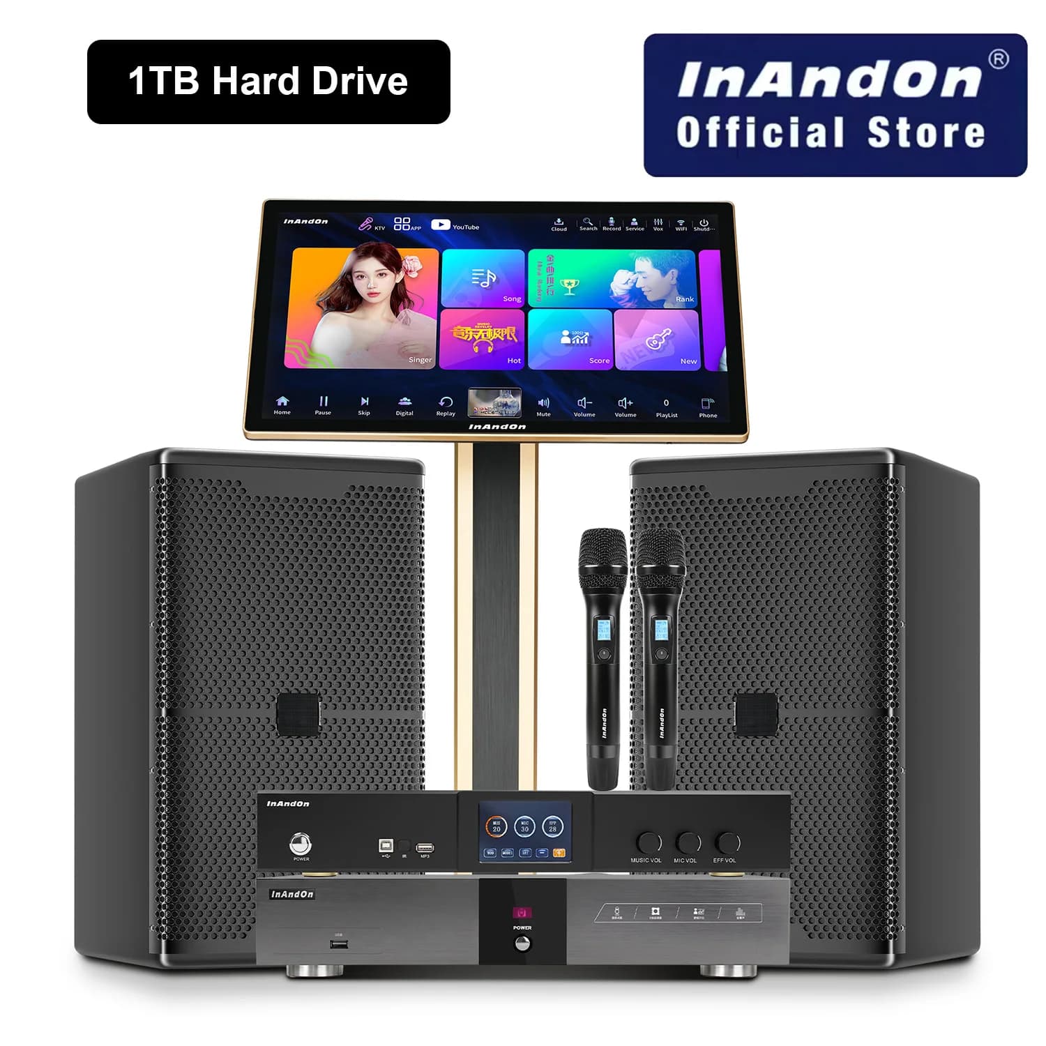 InAndOn KV-V5 MAX Karaoke System Full Set 1TB HDD 21.5" Touch Screen 10" Speakers Home Karaoke Machine All in One YouTube WiFi