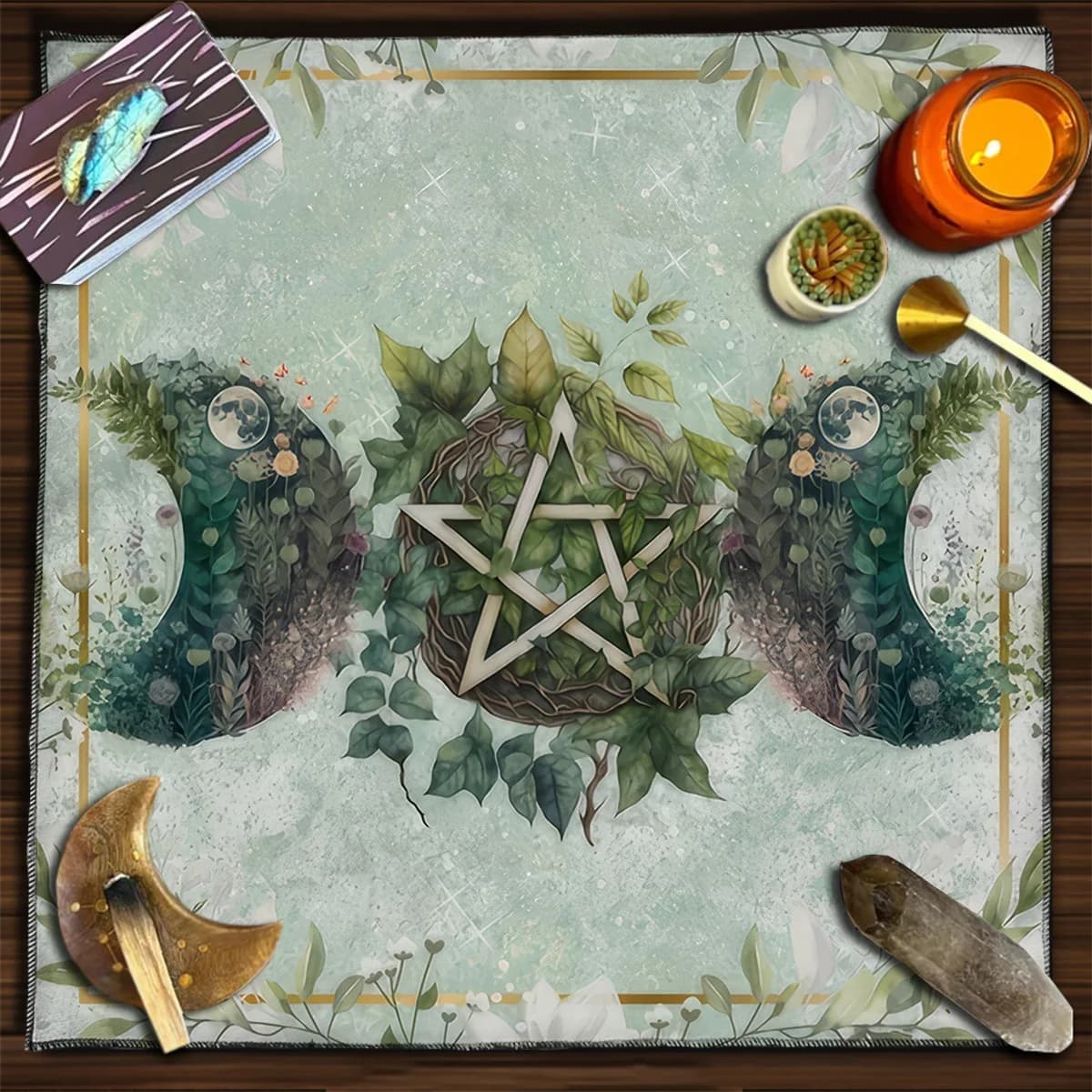 Occult Witchy Divination Tarot Card Table Cloth Green Leaf & Moon Altar Cloth For Tarot Reading Cloth Spiritual Oracle Card Pad