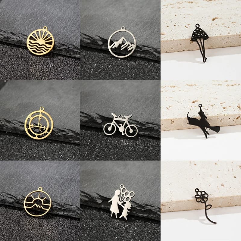 5pc/lot Casual Stainless Steel Mountain Peak Bicycle Pendant Boho Sunrise Charm DIY Jewelry Making Necklace Bracelet Accessories