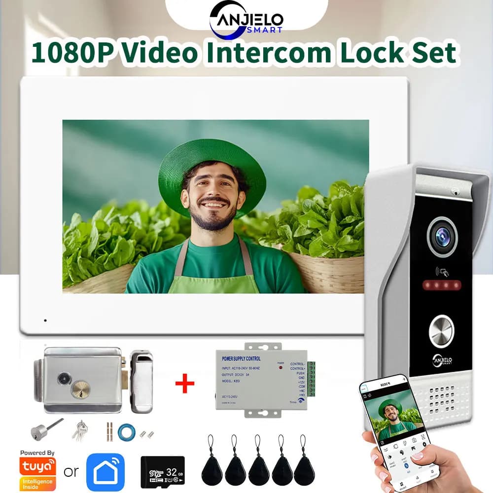 ANJIELO 1080P TUYA Smart Videocitofono Set di blocco Videocitofono per casa Appartamento Campanello in metallo con sblocco scheda IC