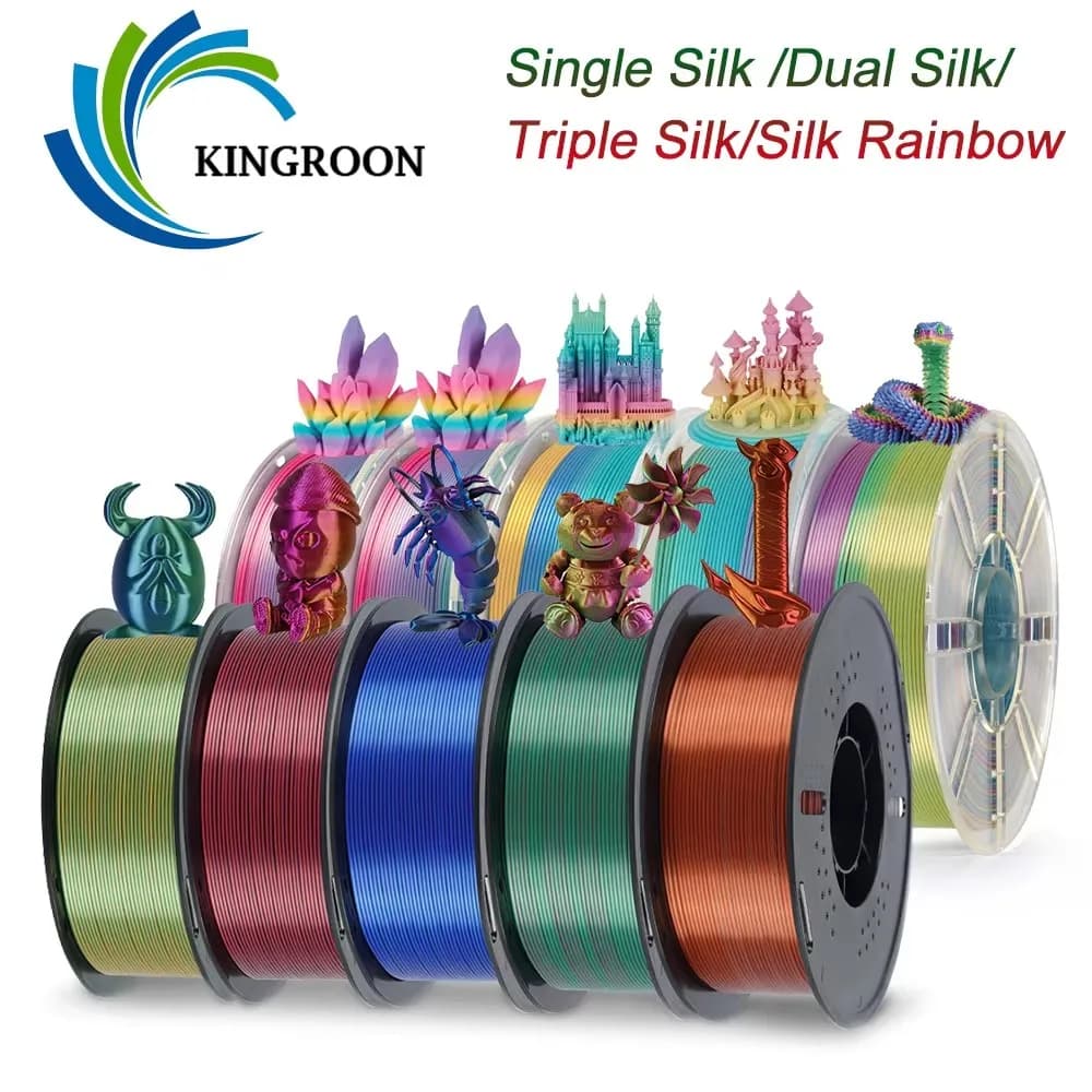 KINGROON 5KG Silk PLA Filament 1.75mm 1KG Tricolor Silk PLA 3D Printer Filament Neatly Wound Multicolor Rainbow 3D Filaments