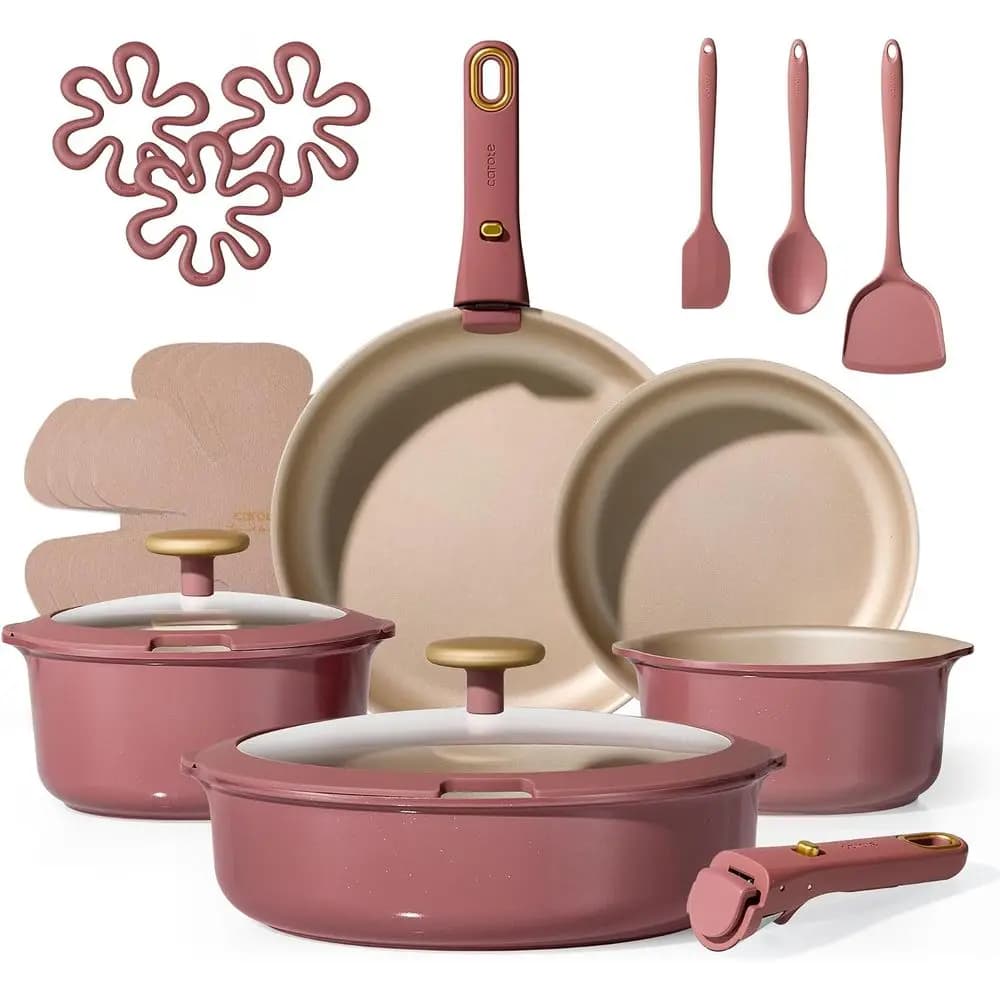 Nonstick Cookware Sets with Detachable Handle, Oven Safe, Non Stick Cooking Set with Frying Pans & Saute Pan, Red