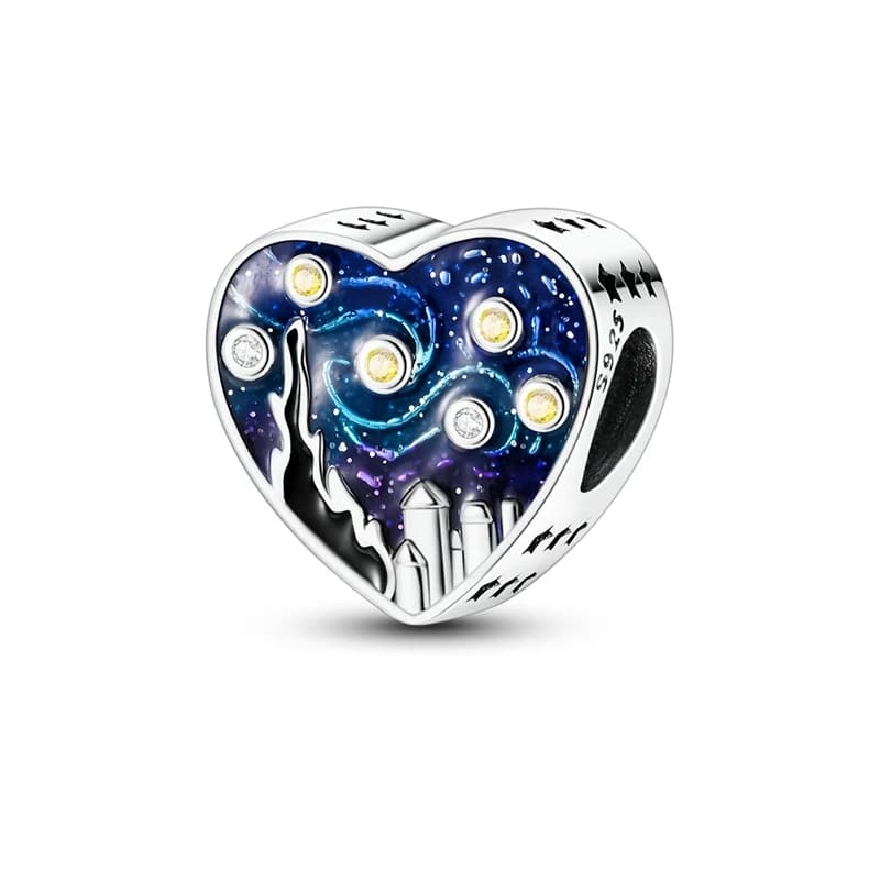 925 Sterling Silver Pendants Small Starry Van Gogh Beads With Heart Shaped Pendant Suitable for Original Bracelet Gift Women's Jewelry DIY