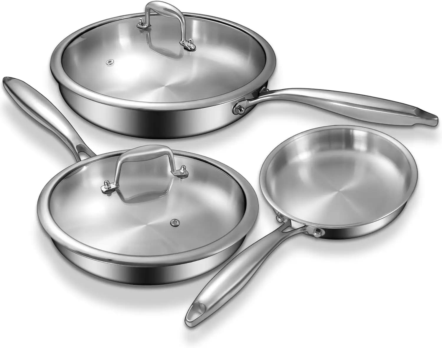 Set di padelle in acciaio inox a triplo strato con coperchi, 8/10/12 pollici, senza PFOA e PTFE, adatte per induzione, lavabili in lavastoviglie e utilizzabili in forno.