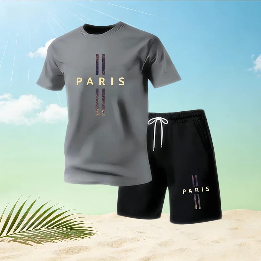 Offerta Estiva: Set da Uomo 2 Pezzi, T-Shirt con Stampa 'Paris' a Collo Tondo e Maniche Corte + Pantaloncini Sportivi, Casual per Casa e Outdoor