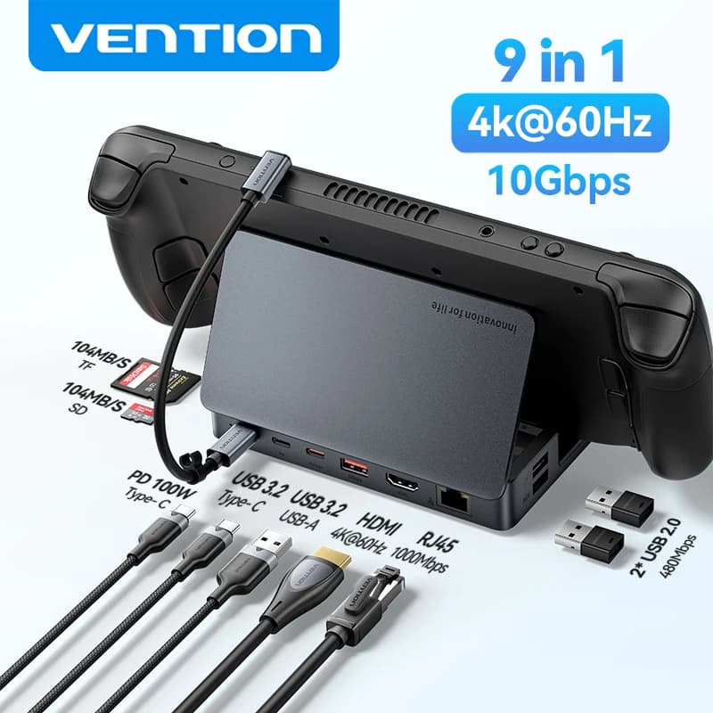 Vention Docking station USB C per Steam Deck HDMI 4K60Hz USB 3.2 10Gbps RJ45 SD e TF Dock per Switch Asus ROG LEGION Go iPhone HUB